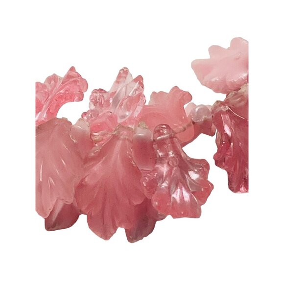 Pink Molded Lucite Leaf Frosted Bead Runway Couture Necklace 24”